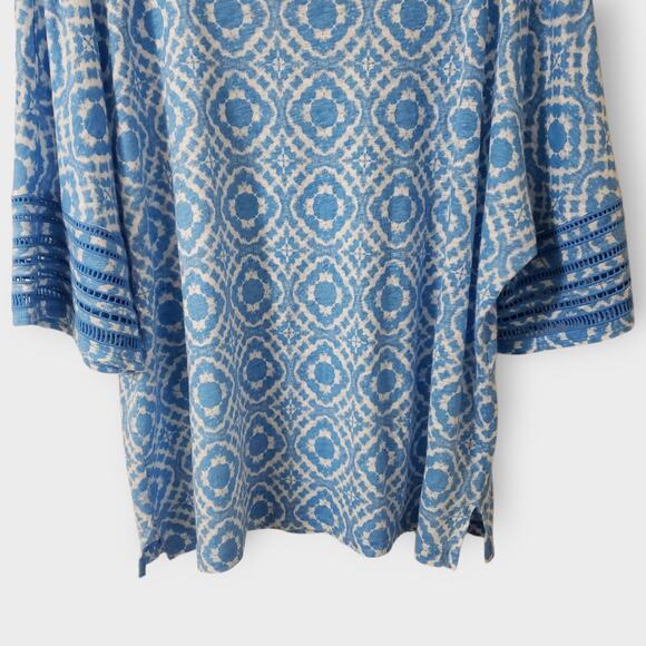 Chico's Blue Geo Print Linen Dolman Top Sz 3 (XL) Summer Coastal Beachy Casual - Picture 3 of 12